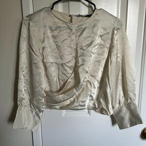 Zara Women Twist Cropped Silk Like Blouse, Cream, Size S